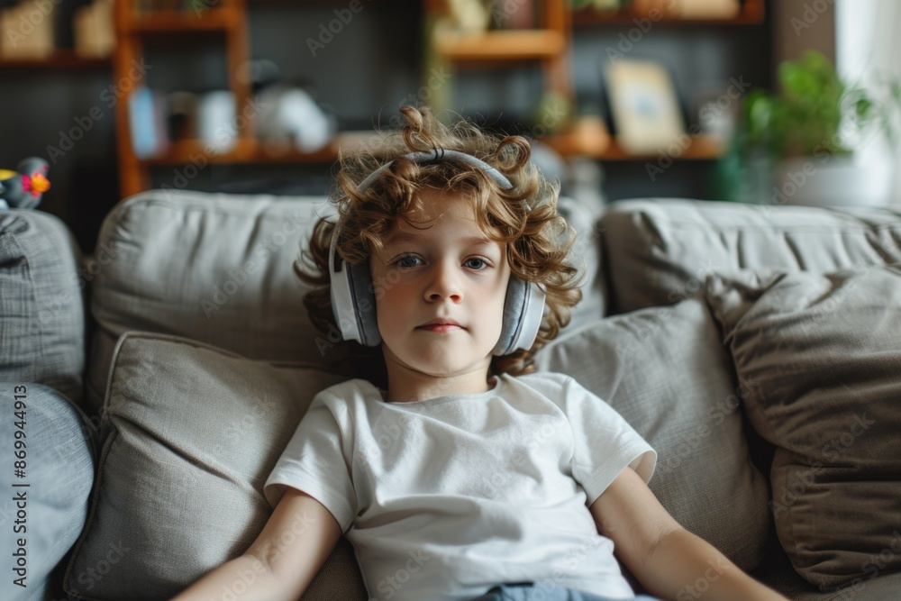 a boy in an orange sweatshirt lies on the sofa with headphones on. Rest. Listening to music. child. Education. free time a boy in an orange sweatshirt lies on the sofa with headphones on. Rest. Listening to music. child. Education. free time