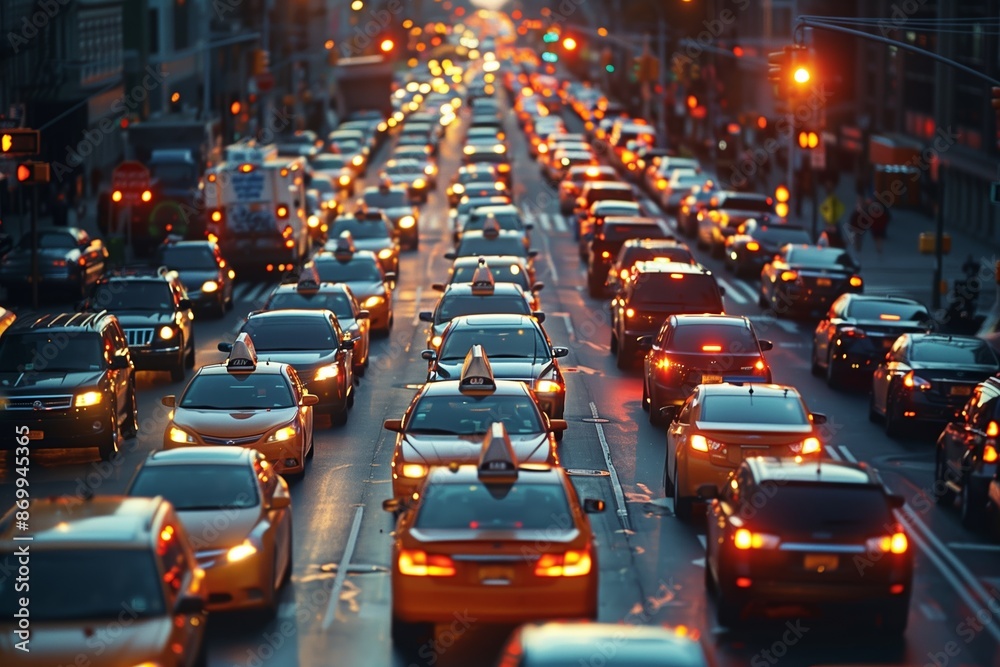 Evening Traffic Congestion on a City Street With Yellow Taxis Evening Traffic Congestion on a City Street With Yellow Taxis