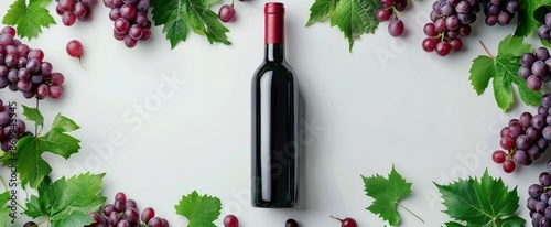 Red Wine Bottle With Grapes and Green Leaves on White Background