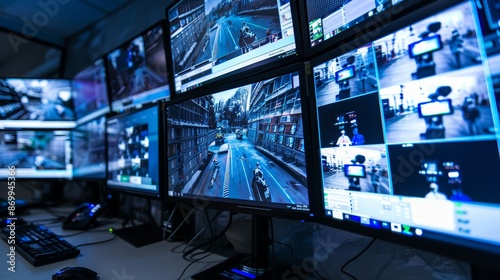 A control panel with monitors showing video feeds from remote security cameras