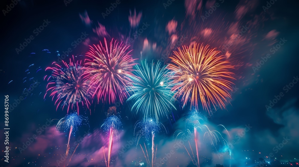 A dazzling display of fireworks bursting in vibrant colors against a dark night sky