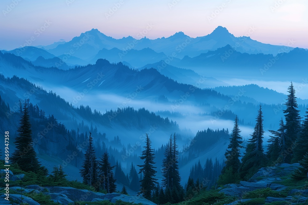 Obraz premium Blue Hour Mountain Landscape With Fog In The Cascade Range