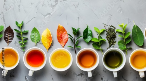 Variety of Tea Leaves and Cups on Gray Background photo