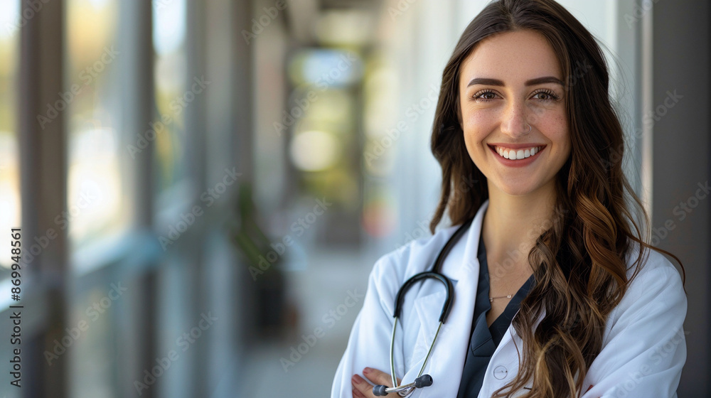 Obraz premium Portrait of a smiling doctor in a white coat with her stethoscope around her neck in hospital.