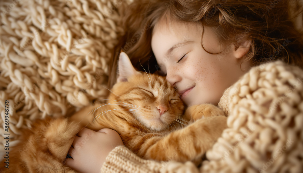 Adorable Caucasian little girl napping with her Ginger cat on knitted blanket, best friends concept, copy space Adorable Caucasian little girl napping with her Ginger cat on knitted blanket, best friends concept, copy space