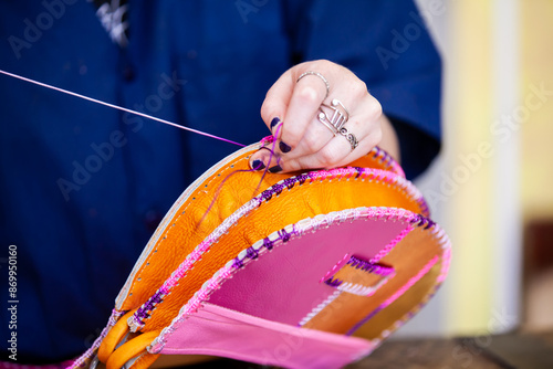 Elaboration of traditional carriel in the beautiful heritage town of Jerico in the department of Antioquia. photo