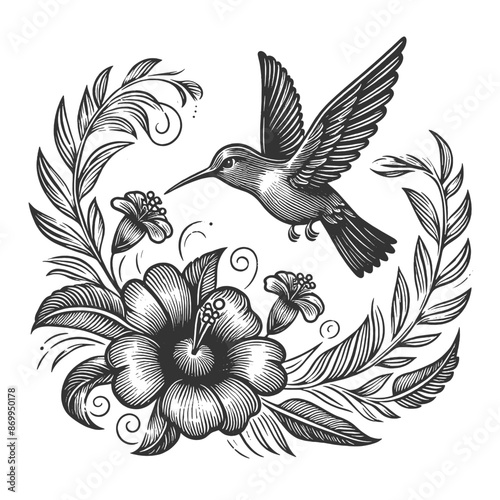 hummingbird hovering near a flower, capturing a delicate and natural scene sketch engraving generative ai vector illustration. Scratch board imitation. Black and white image.