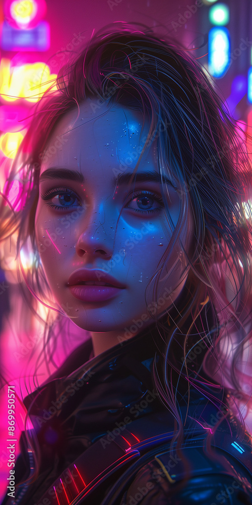 Obraz premium A side profile of woman with long hair, illuminated by the dynamic and vibrant neon lights of a city at night, creating a striking cyberpunk-inspired atmosphere