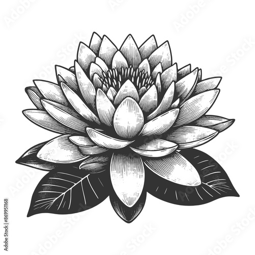 blooming lotus flower with buds, water lily Nymphaea, elegant and detailed floral art sketch engraving generative ai vector illustration. Scratch board imitation. Black and white image.