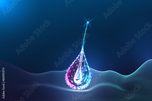 Single hair strand in water drop on dark blue background. Innovative technologies in hair health