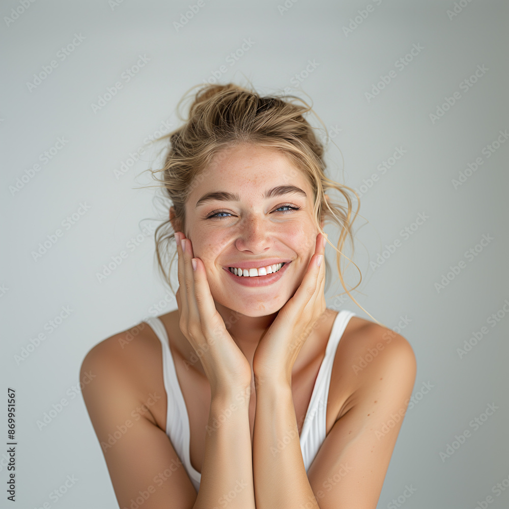 Beauty and skin care model; woman smiling and touching her face Beauty and skin care model; woman smiling and touching her face