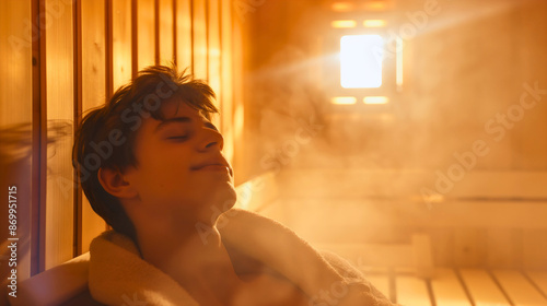 Happy handsome young man relaxation in the wooden sauna room interior indoors with steam, smiling, towel around his neck. Hot temperature, spa leisure treatment, warm, healthy, sweat