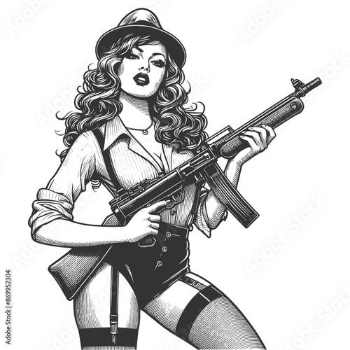 femme fatale holding a gun showcasing classic pin-up style and detailed engraving sketch engraving generative ai fictional character vector illustration. Scratch board imitation. Black and white image