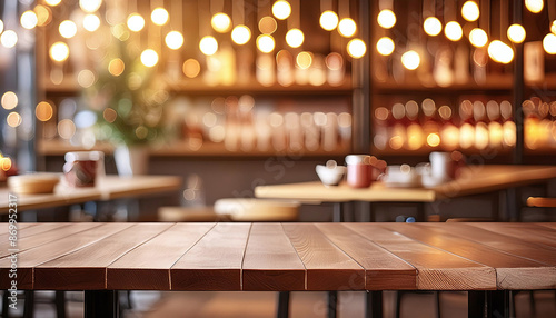 A warmly lit cafe interior with wooden tables and a blurred background. Generative AI. photo
