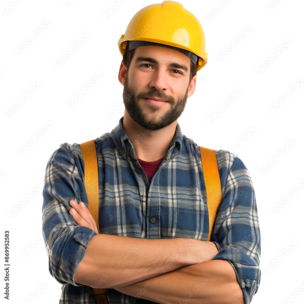 Handsome young man portrait with crossed arms, happy smiling male construction worker wearing yellow helmet looking at camera, isolated. Professional engineer or architect, builder business employee Handsome young man portrait with crossed arms, happy smiling male construction worker wearing yellow helmet looking at camera, isolated. Professional engineer or architect, builder business employee