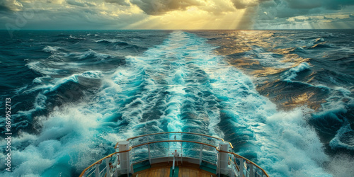 cruise ship gracefully sails through the vast ocean under a cloudy sky, symbolizing adventure and tranquility.
