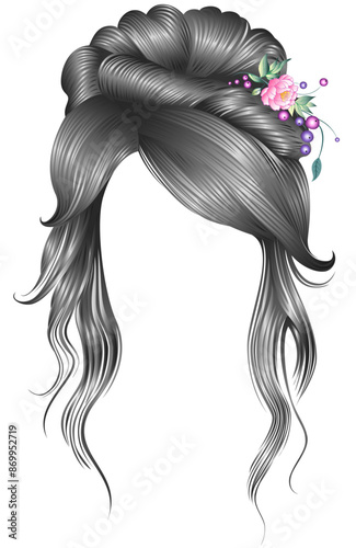 women's elegant curly hairs with flower decoration.gray colors.