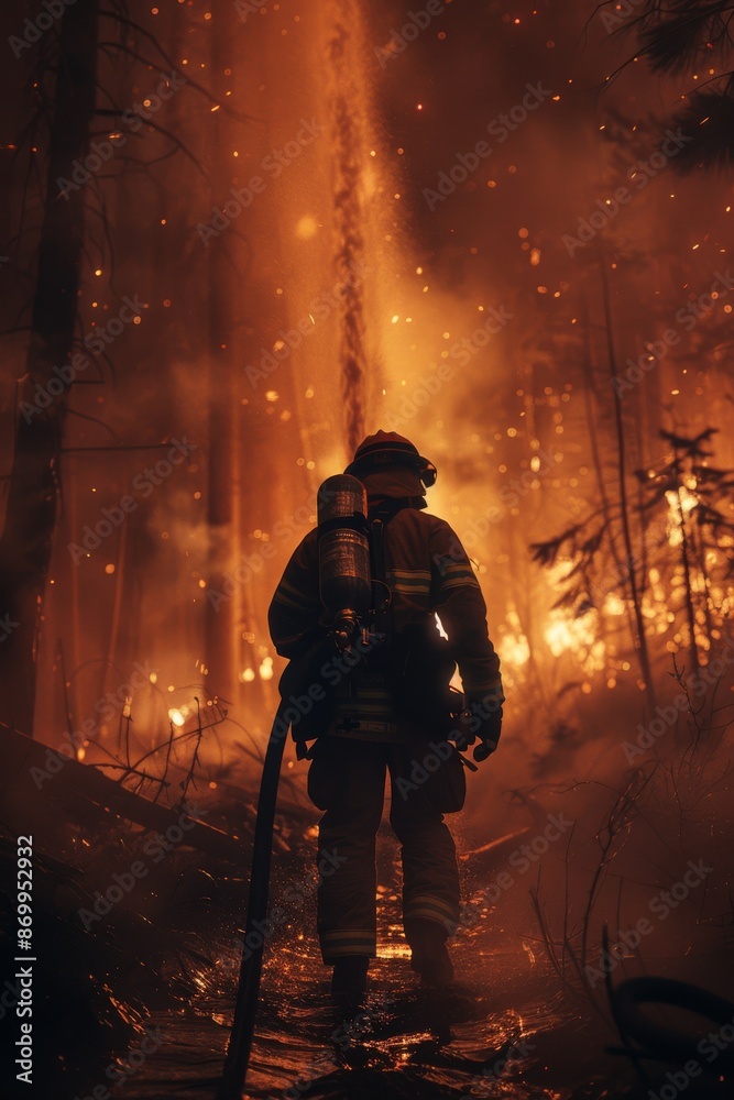 Firefighter battling a forest wildfire with hose spraying water in intense blaze