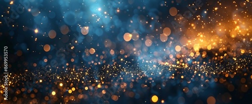 Blue Glitter Background With Golden Bokeh Lights