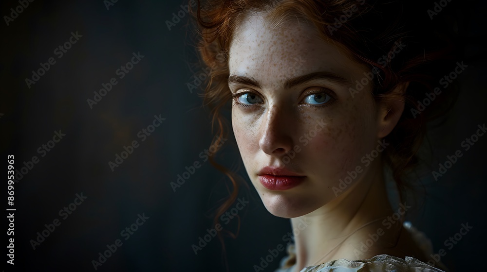 Fototapeta premium Portrait of a woman in Renaissance art style, dark background with dramatic lighting