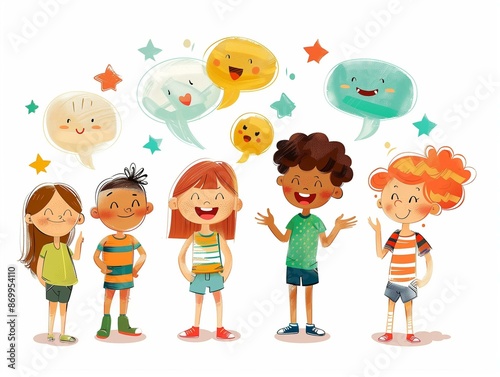 Happy Children Talking in Chat Bubbles Illustration photo