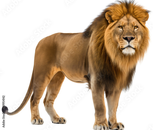 Full body lion side view portrait standing isolated on transparent background. Wild male carnivore predator cat animal with mane, Africa jungle king, danger, power, big photo