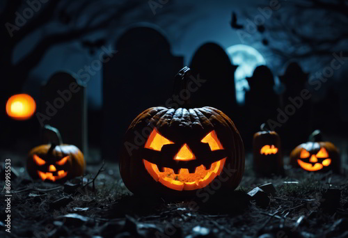 Jack O Lantern in Graveyard in the Night for Halloween Background