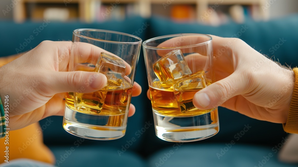 Two people are holding glasses of whiskey and ice cubes. They are toasting to something. Scene is celebratory and happy Two people are holding glasses of whiskey and ice cubes. They are toasting to something. Scene is celebratory and happy