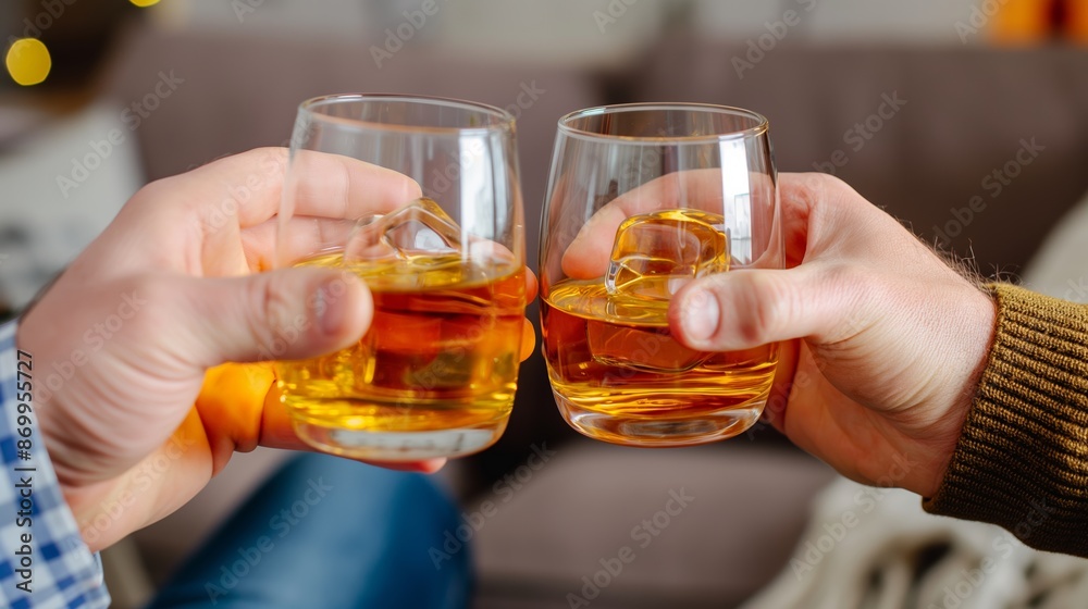 Two people are holding glasses of alcohol and raising them in a toast. Scene is celebratory and social Two people are holding glasses of alcohol and raising them in a toast. Scene is celebratory and social