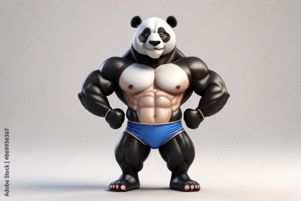Fototapeta premium 3D render depicting a muscular bodybuilder panda bear at the light grey backdrop.