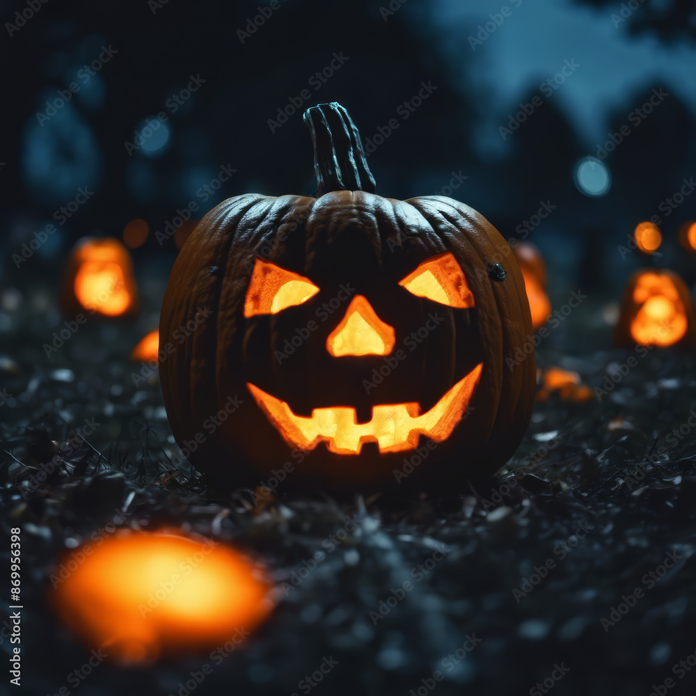 Jack O Lantern in Graveyard in the Night for Halloween Background Jack O Lantern in Graveyard in the Night for Halloween Background