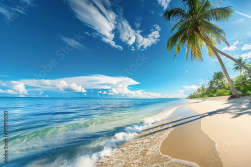 Fototapeta Naklejka Na Ścianę i Meble -  Stunning tropical beach with white sands and coconut trees invites travelers to paradise. The vibrant landscape promises an unforgettable vacation experience on a luxurious island resort.