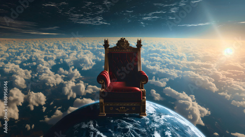 Fototapeta Naklejka Na Ścianę i Meble -  Red luxury king throne chair on planet earth globe. Royal armchair with gold details, comfortable sofa elegance