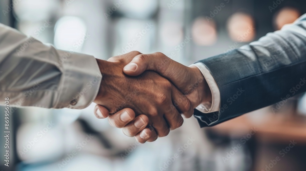 Photograph of two businesspeople shaking hands in a modern corporate setting, symbolizing agreement, partnership, and professional success in a formal environment. Photograph of two businesspeople shaking hands in a modern corporate setting, symbolizing agreement, partnership, and professional success in a formal environment.
