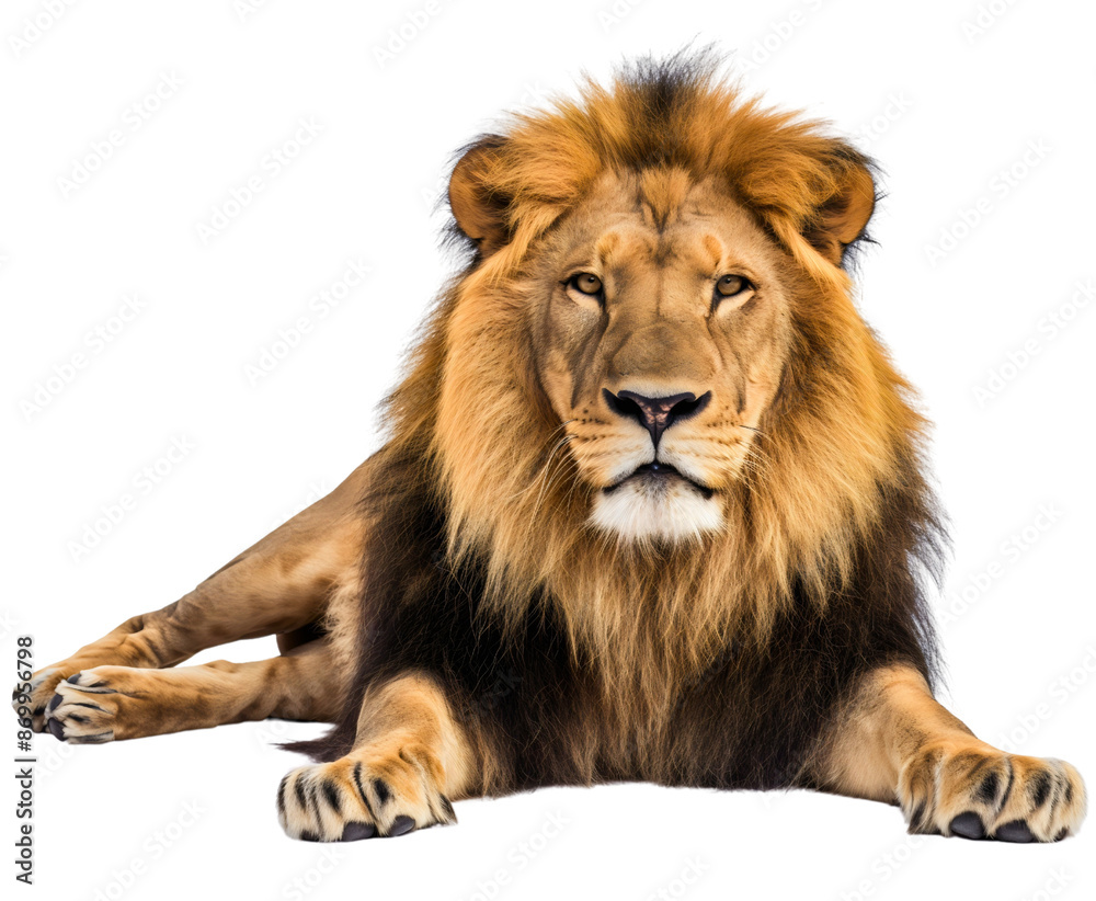Full body lion front view portrait, lying down, isolated on transparent background. Wild male carnivore predator cat animal with mane, Africa jungle king, danger, power, big, resting and relaxing Full body lion front view portrait, lying down, isolated on transparent background. Wild male carnivore predator cat animal with mane, Africa jungle king, danger, power, big, resting and relaxing
