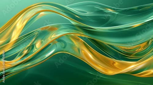 Fluid emerald green waves with a metallic sheen. 3D abstract concept representing luxury and dynamic movement. Design for wallpaper, background, or creative graphic material. 