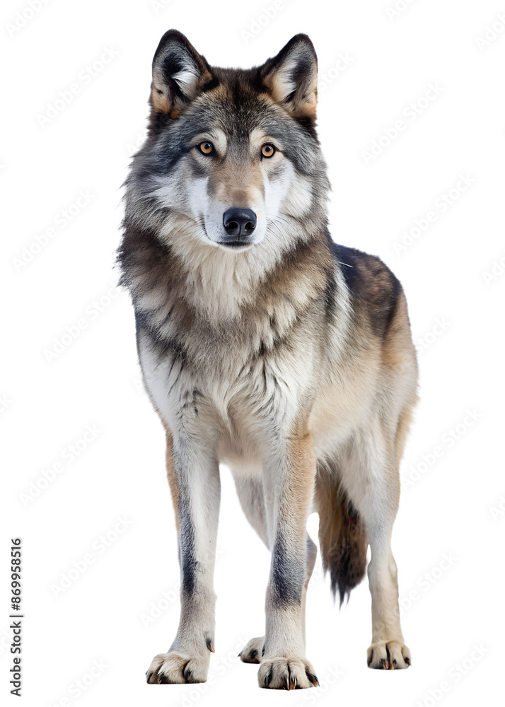 The image shows a wolf standing on a plain background. The wolf appears to be alert and ready. The image shows a wolf standing on a plain background. The wolf appears to be alert and ready.