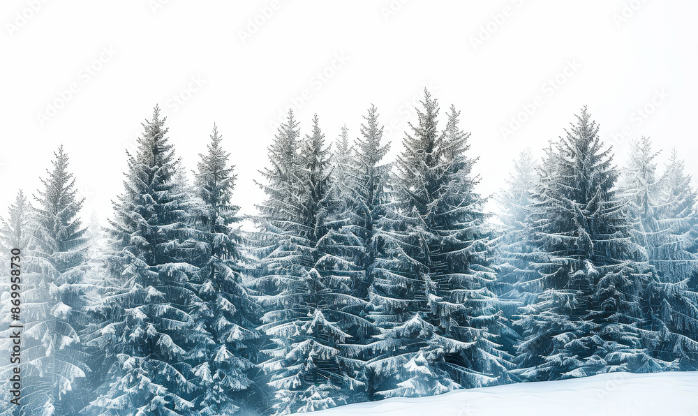Snow Covered Pine Trees in Winter Forest, Tranquil White Sky Background, Serene Snowy Landscape, Calm Winter Atmosphere, Ideal for Holiday Greetings and Nature-Themed Content, Majestic Evergreen Scene Snow Covered Pine Trees in Winter Forest, Tranquil White Sky Background, Serene Snowy Landscape, Calm Winter Atmosphere, Ideal for Holiday Greetings and Nature-Themed Content, Majestic Evergreen Scene