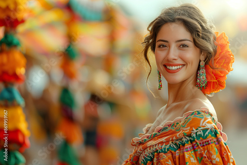 Portrait of woman wearing embroidered dress during the celebration of Mexican Independence Day in Mexico.
