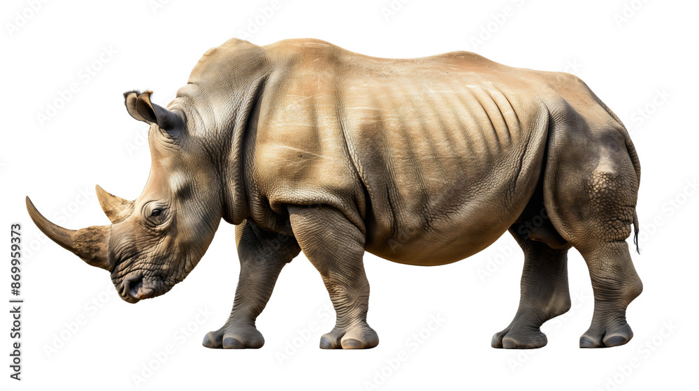 Fototapeta premium Side view full body length portrait of rhino animal with horn isolated on transparent background. Africa safari rhinoceros endangered species wildlife, large gray dangerous herbivore with big head