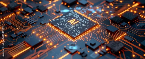 AI Processor Chip on a Circuit Board With Orange Lights