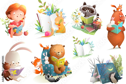 Animals reading books and studying big clipart collection. Animals and kids characters reading books. Cartoons for school education and library. Vector characters clip art collection for children.