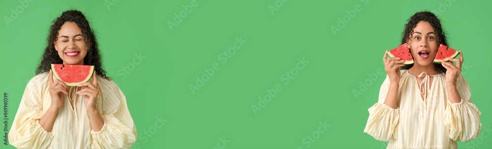 Banner with young African-American women eating fresh watermelon on green background Banner with young African-American women eating fresh watermelon on green background