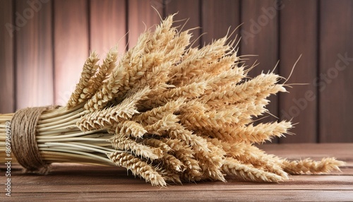 sheaf of wheat on wooden background photo