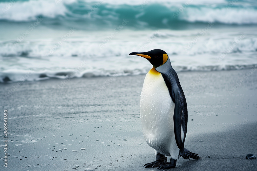 Obraz premium Penguin Walking Along Seaside, with Ocean Waves and Sandy Shore in Background