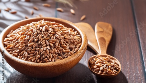 khorasan wheat or kamut triticum turgidum in wooden bowl spoon photo