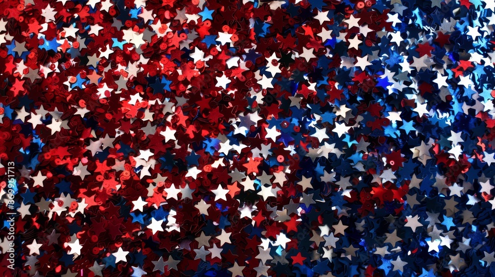 A sparkling collection of shiny star-shaped confetti in patriotic red, white, and blue hues, perfect for adding festive cheer and decorative flair to any celebration event.