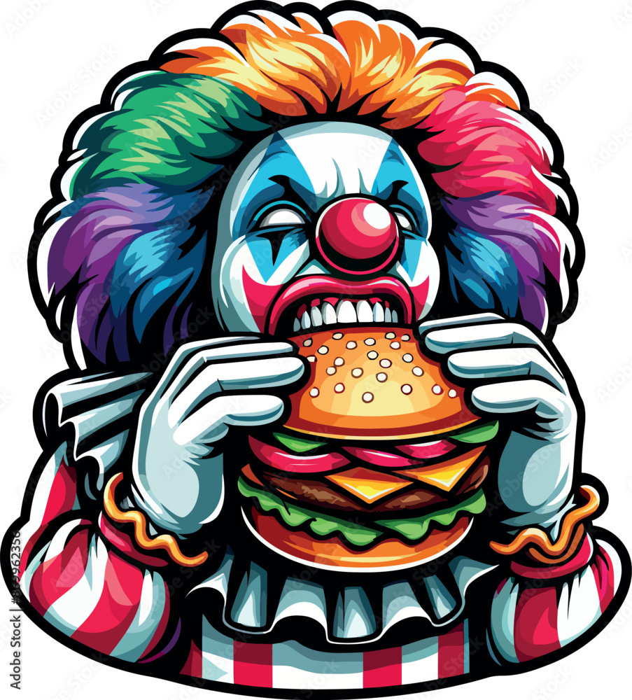 Fototapeta premium Hilarious Clown with Burger Illustration - Perfect for Fun Marketing Campaigns