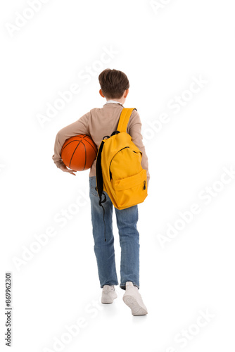 Little boy with schoolbag and ball on white background, back view