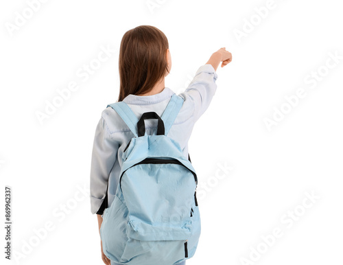 Little girl with schoolbag pointing at something on white background, back view © Pixel-Shot